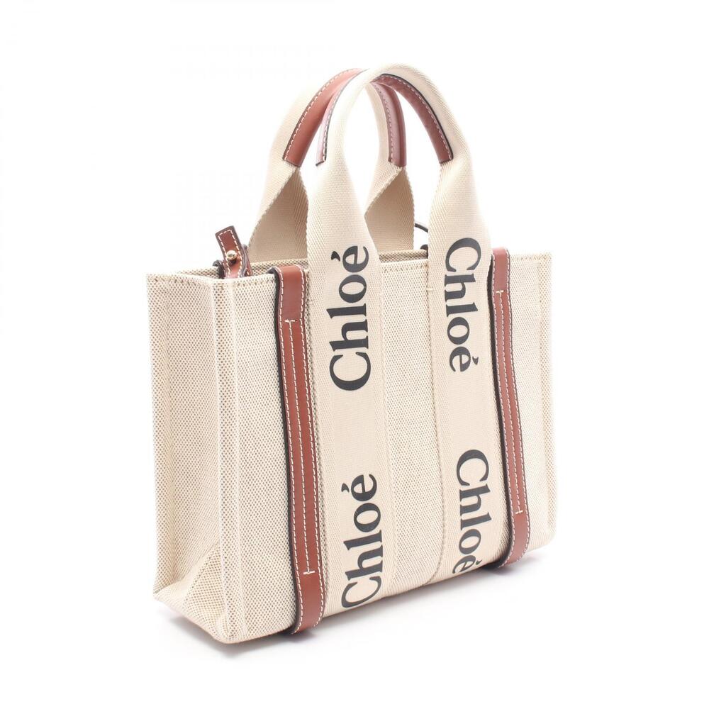 Chloe Woody Handbag Canvas Leather Ivory White Brown - Picture 2 of 5